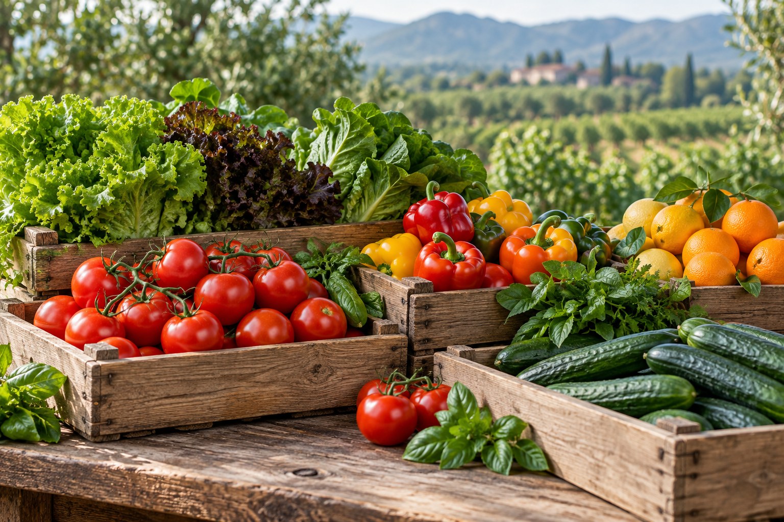 Fresh fruits and vegetables arranged in wooden crates