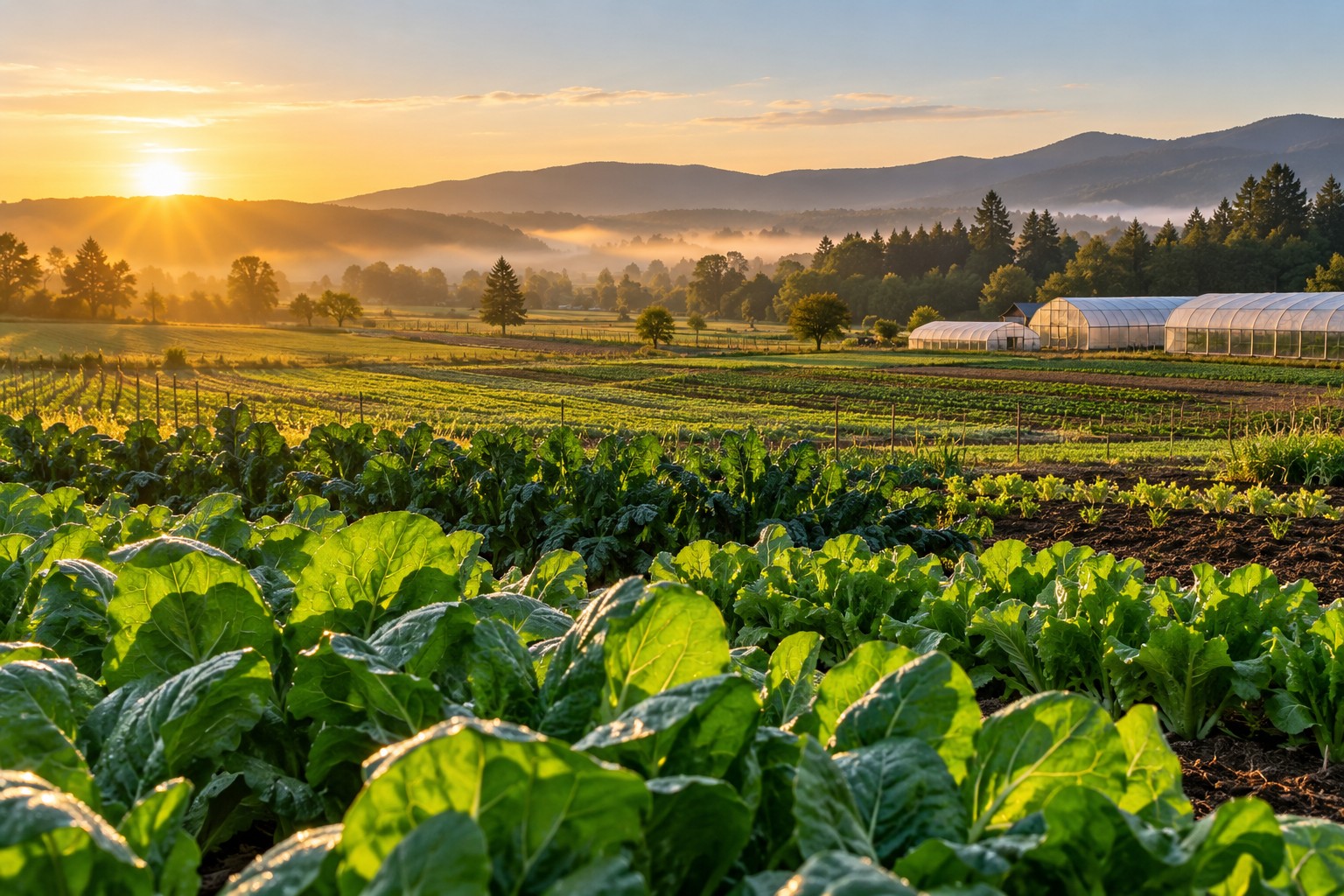 Cultivated fields and fresh leafy crops in warm sunlight