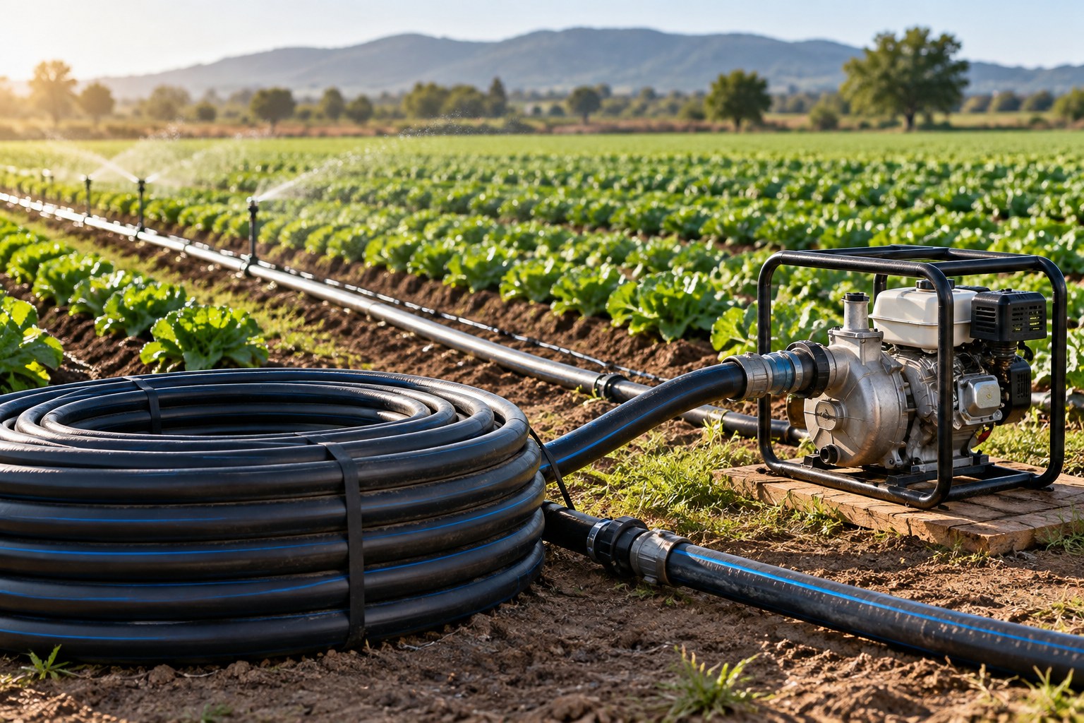 Agricultural hose and water pump beside cultivated fields